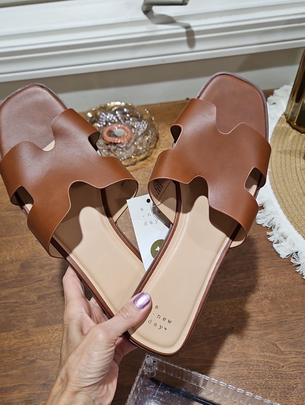 a new day Brown Leather-Look Slide Sandals for Women